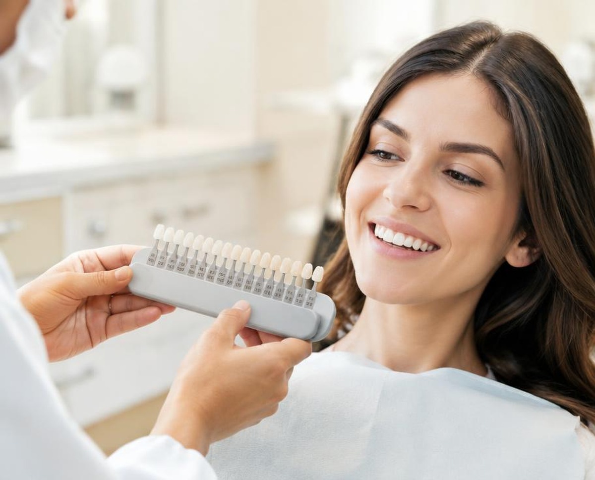 Guía de color dental junto a una paciente (imagen ilustrativa generada por IA)