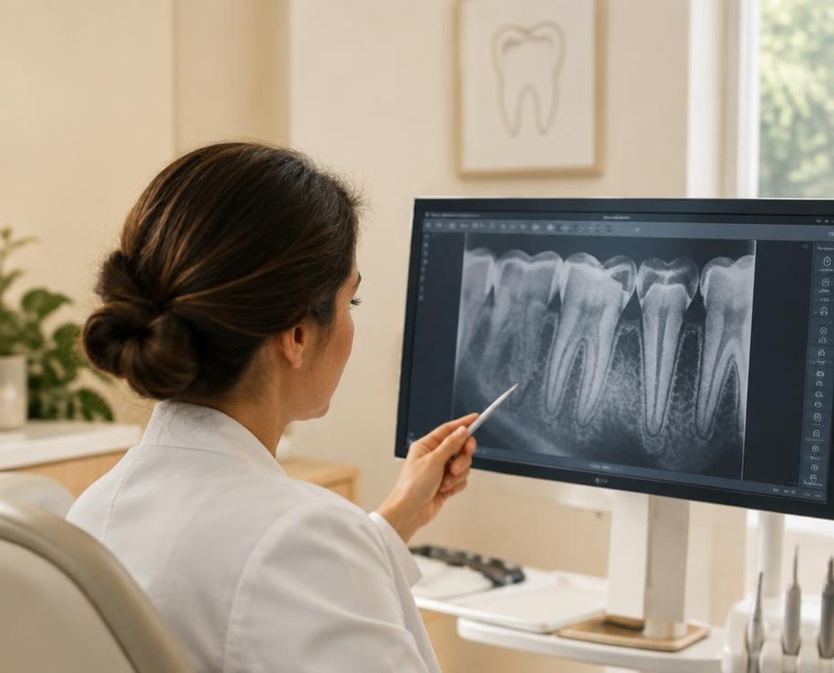 Odontóloga revisando una radiografía dental (imagen ilustrativa generada por IA)