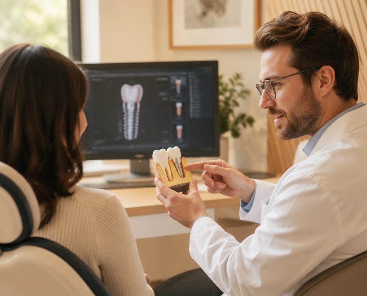 Odontólogo explicando un modelo de implante dental a una paciente (imagen ilustrativa generada por IA)
