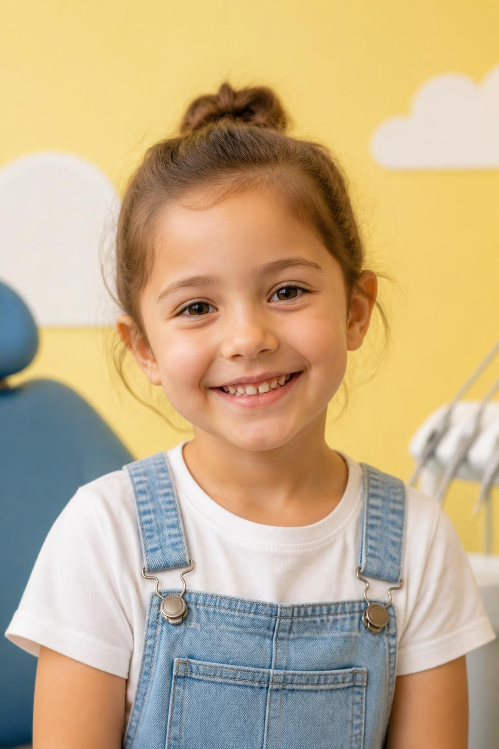 Niña sonriendo en el sillón dental (imagen ilustrativa generada por IA)
